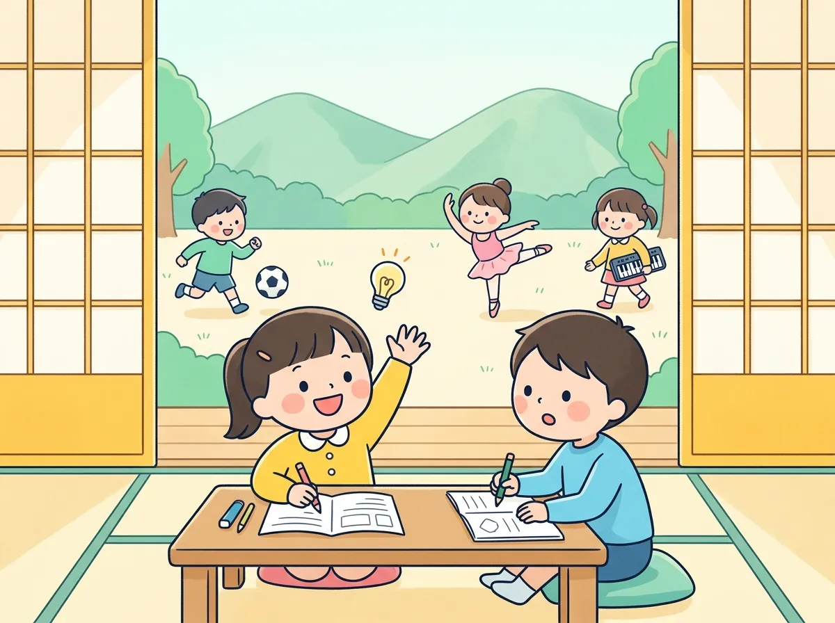 家でドリルをする子どもと、外で習い事をする子どもたちのイラスト